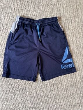 Reebok Navy Athletic Shorts with Light Blue Logo and Drawstring